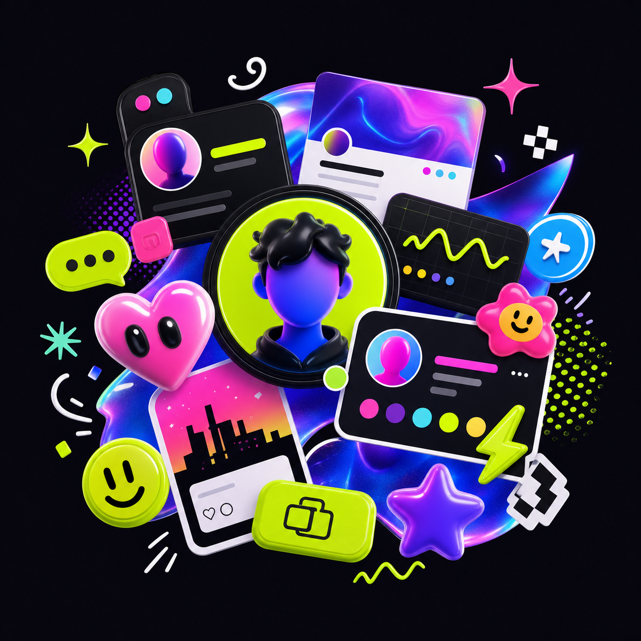 Colorful social profile sticker collage with emoji, avatar, and username card elements